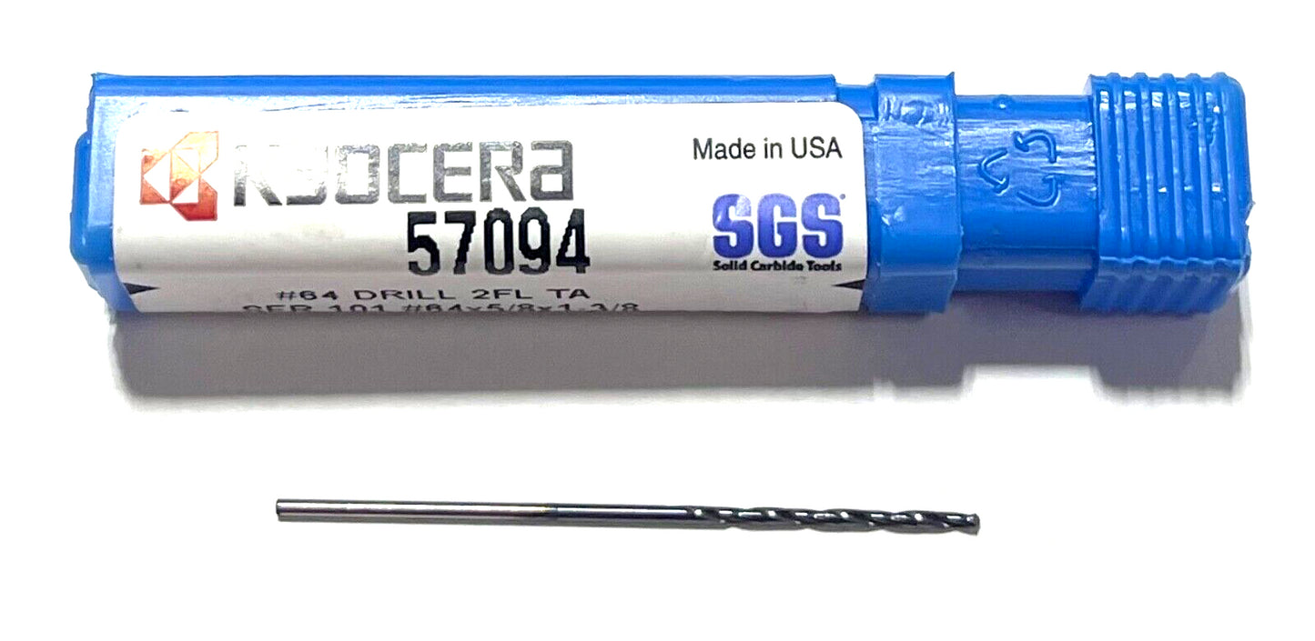 Kyocera #64 Solid Carbide Drill 5xD TA Coating 2 Flute USA Made 57094