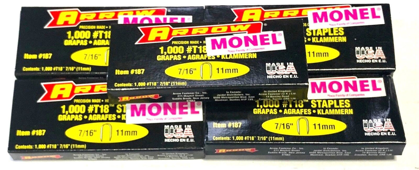 Arrow 187M T-18 7/16" Monel Staples For T18 Tacker 5000 Pack USA Made