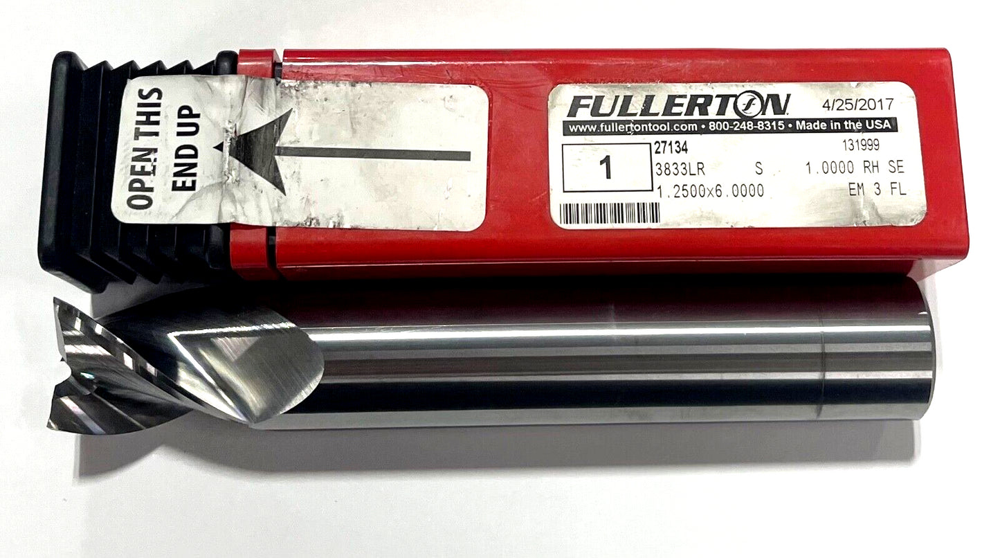 Fullerton 1" Carbide End Mill 3 Flute Long Reach 37.5° Helix USA Made 27134