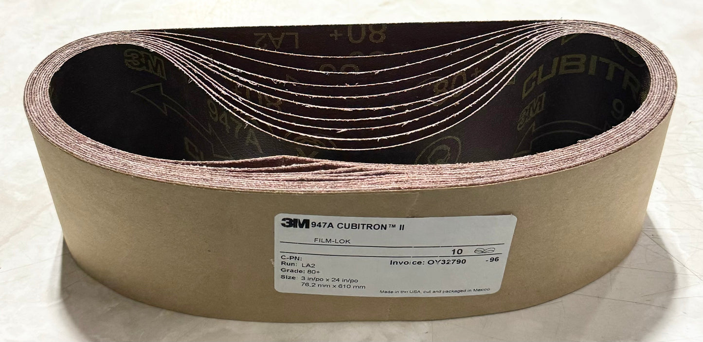 3M 947A 3" x 24" Sanding Belts 80+ Aluminum Oxide Film-Lok 10 Pack