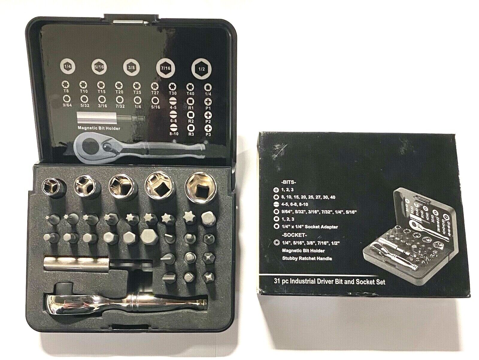 31 Piece Industrial Driver Bit & Socket Set Stubby Ratchet Magnetic Bi ...