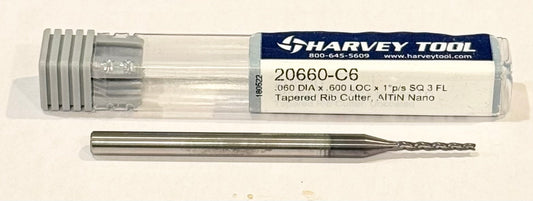 Harvey Tool .060" Carbide End Mill 3FL Tapered Rib Cutter 1 Deg Per Side AlTiN Nano