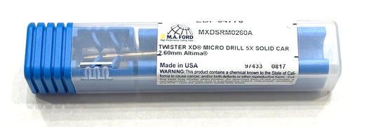 M.A. Ford 2.60mm Solid Carbide Micro Drill 5xD Altima Coating 2 Flute USA Made