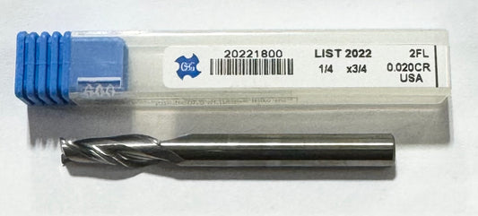 OSG 1/4" Carbide End Mill 2 Flute .020" Corner Radius USA Made