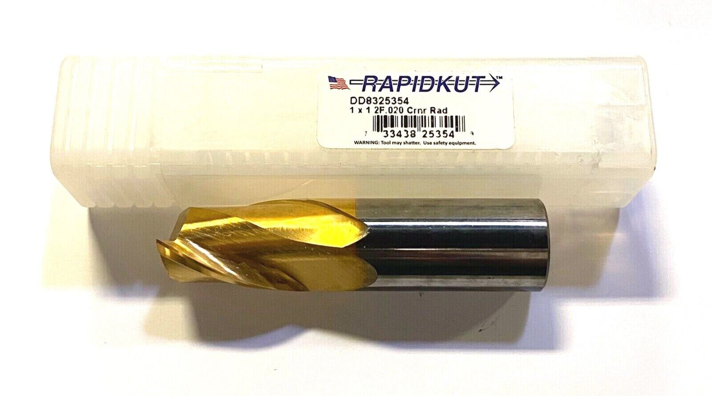 Rapidkut 1" Solid Carbide End Mill Tin Coated .020 Corner Radius 2 Flute USA