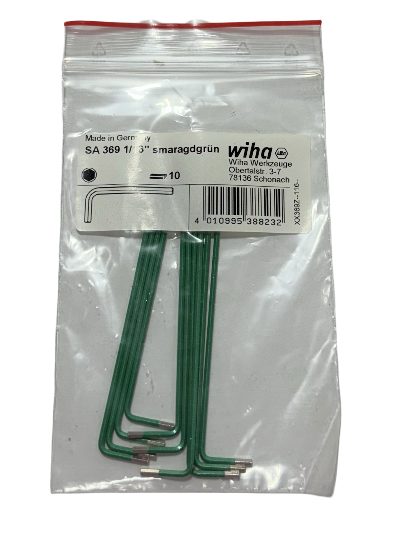 Wiha 1/16" Ball End Hex Extra Long L-Key Green 10 Pack