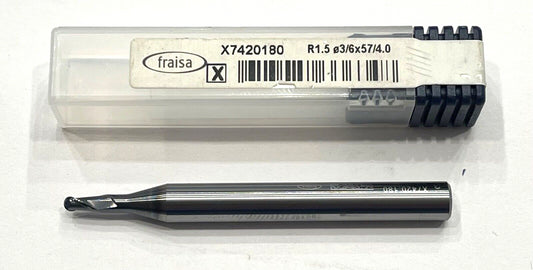 Fraisa 3mm Carbide Ball Nose End Mill 3xD 2 Flute X-AL Coating 1.5mm Radius