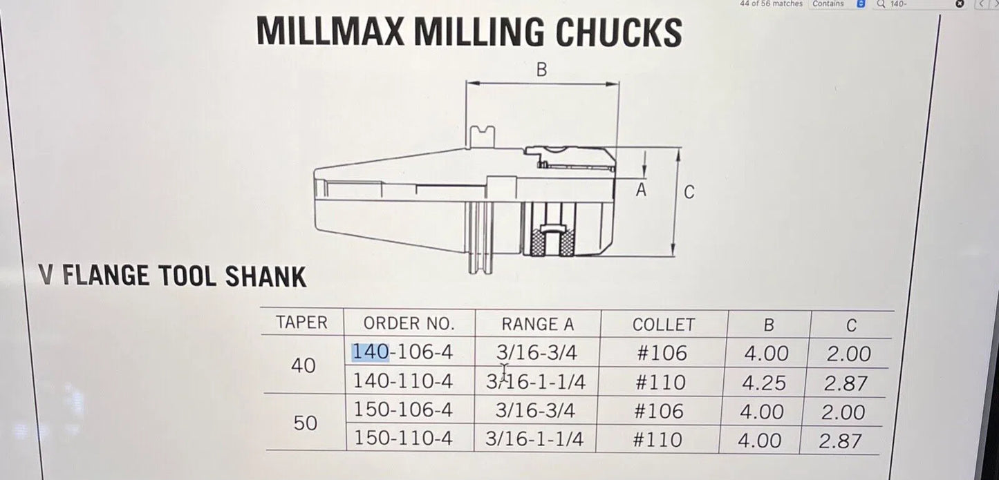 TECNARA CAT40 MILLMAX Milling Chuck V Flange Tool Shank N/C Tooling Systems