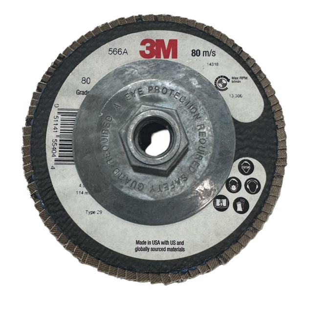 3M 4-1/2" x 5/8-11 Flap Disc 566A, T29, 80 Grit Zirconia Alumina 10 Pack