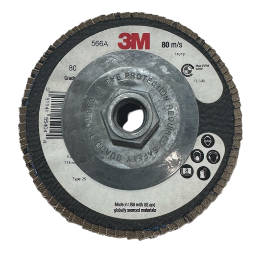 3M 4-1/2" x 5/8-11 Flap Disc 566A, T29, 80 Grit Zirconia Alumina 10 Pack