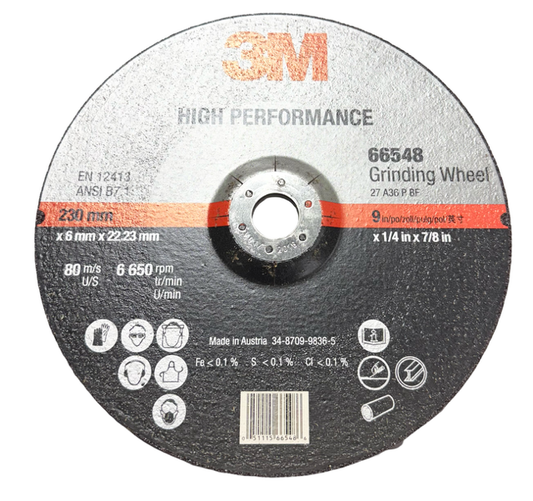3M 9" x 1/4" x 7/8" High Performance Depressed Center Grinding Wheel Ceramic 36+
