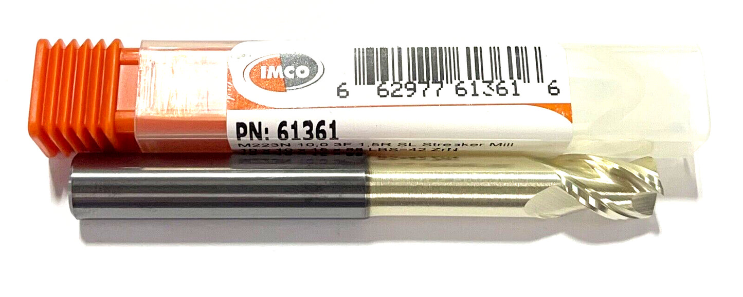 IMCO 10mm Carbide End Mill ZrN Coating 1.5mm Radius 3 Flute with Neck Relief USA