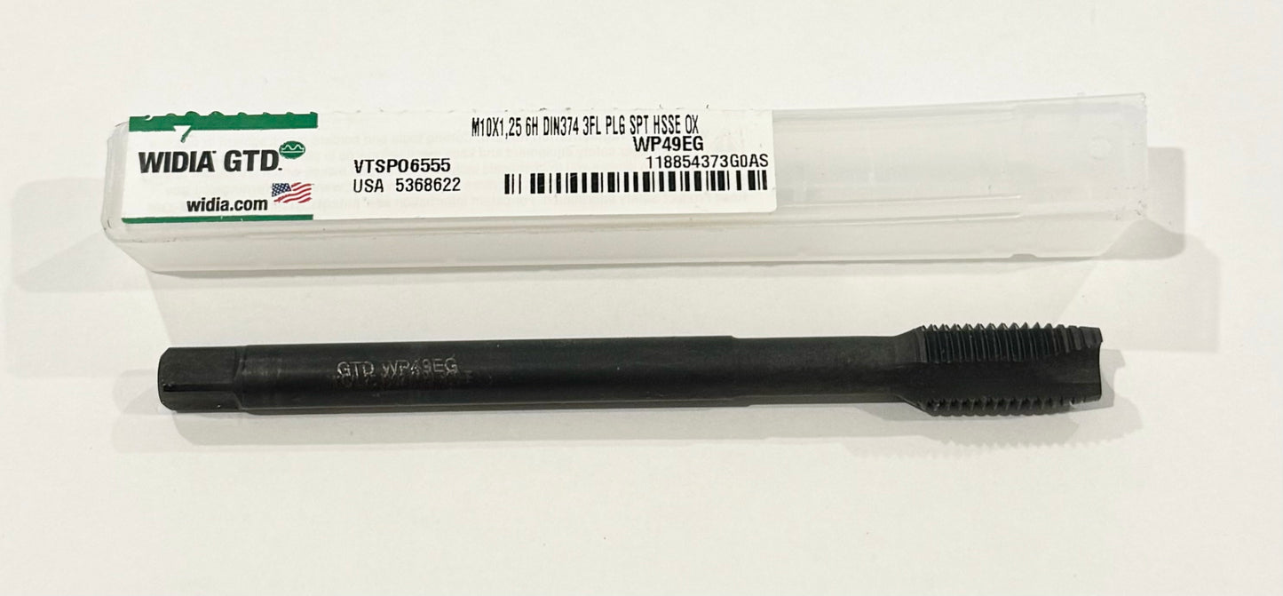 Widia M10 x 1.25mm HSS-E Spiral Point Plug Tap 3 Flute Black Oxide VariTap