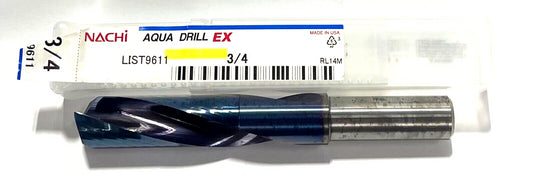 NACHI 3/4" Solid Carbide Drill 2xD Aqua EX Coating 180° 2 Flute USA Made