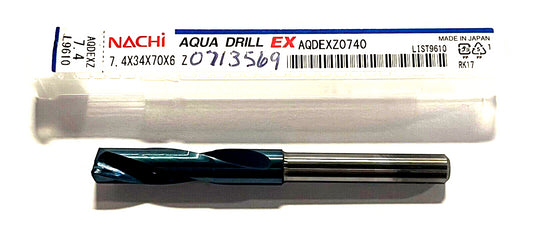 NACHI 7.4mm Solid Carbide Drill 2xD Aqua EX Coating 180Â° 2 Flute Made In Japan