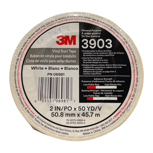 3M 3903 General Purpose Vinyl Duct Tape 2" x 50 Yards White 6.5mil 06981