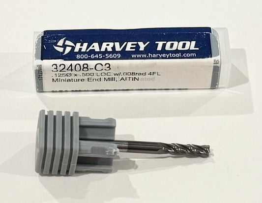 Harvey Tool 1/8" Carbide Miniature End Mill 4 Flute AlTiN .008" Radius