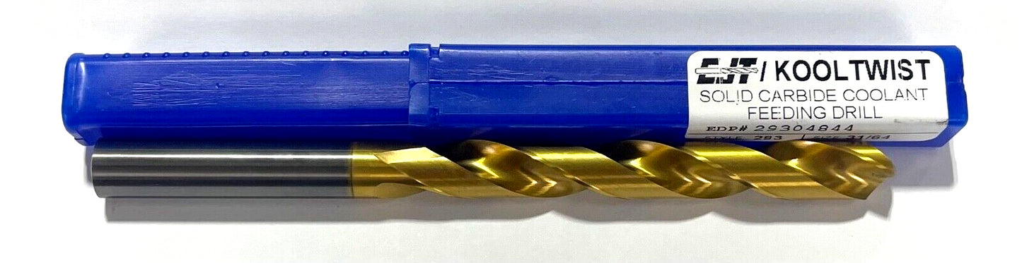 CJT 31/64" Solid Carbide Drill 6xD Jobber Length Tin Coated 140° Coolant Fed USA