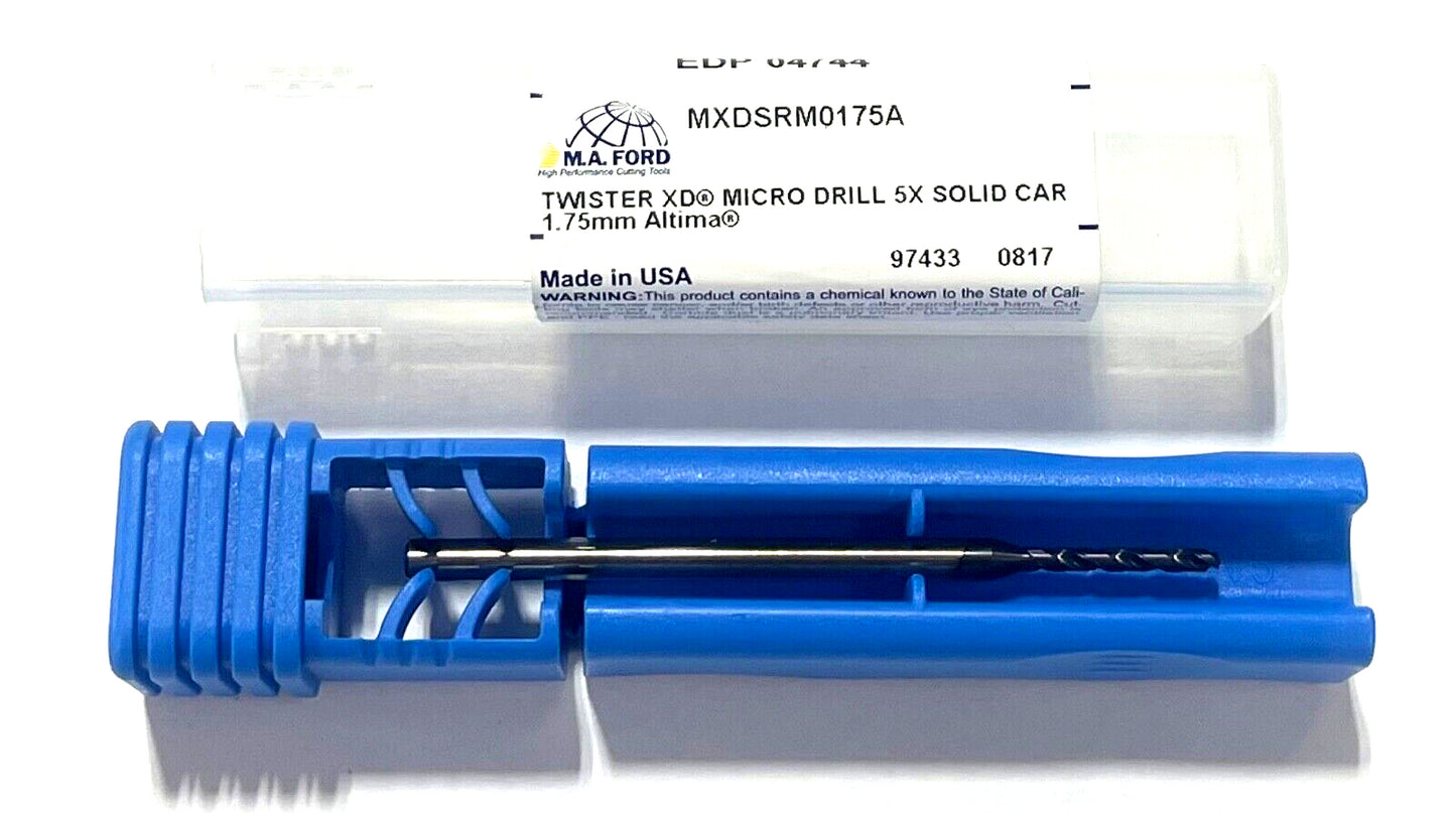 M.A. Ford 1.75mm Solid Carbide Micro Drill 5xD Altima Coating Twister Drill USA