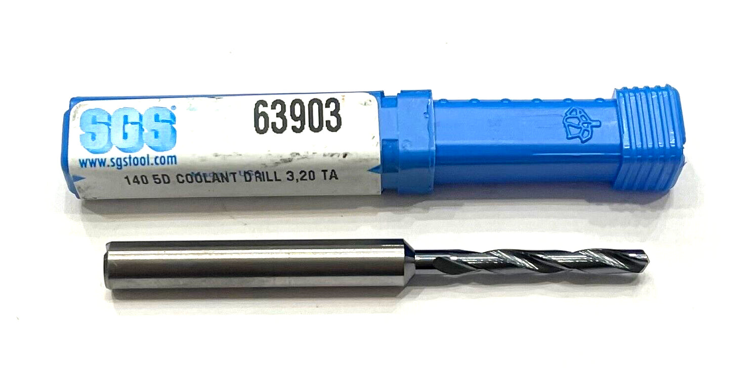 SGS 3.2mm Solid Carbide Drill 5xD TA Coating 2 Flute 140° Point USA Made 63903