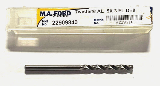 M.A. Ford 2.5mm Solid Carbide Drill 5xD 3 Flute 150Â° High Performance USA Made