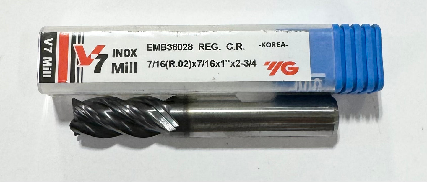 YG 7/16" Carbide End Mill .020" Radius AlTiN Coated 4 Flute V7 INOX MILL