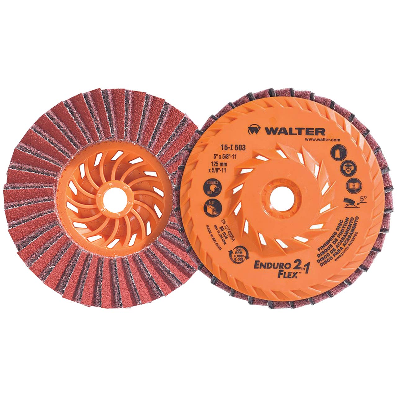 Walter 5" x 5/8"-11 2 in 1 Abrasive Flap Disc ENDURO FLEX 80 Grit AO 10 Pack