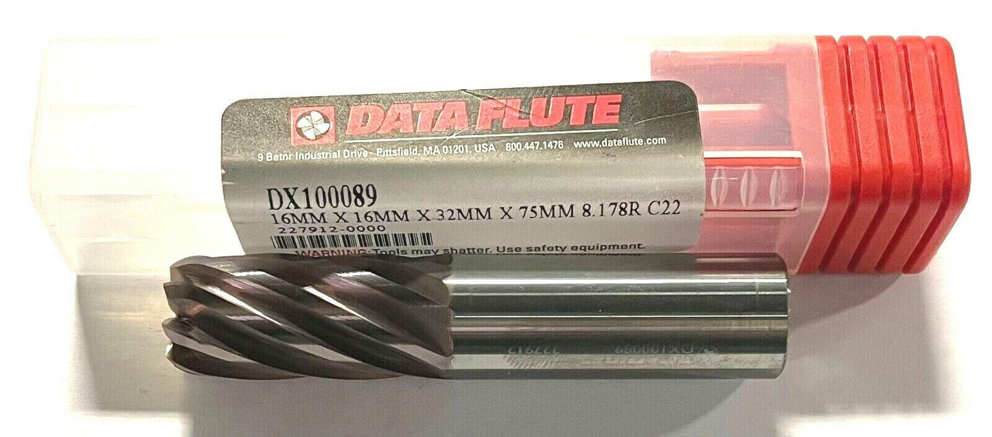 Data Flute 16mm Carbide End Mill C22 Coating 8 Flute Corner Radius USA Made