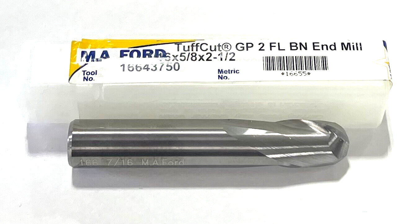 M.A. Ford 7/16" Carbide Ball Nose End Mill 2 Flute Stub Length USA Made 16655