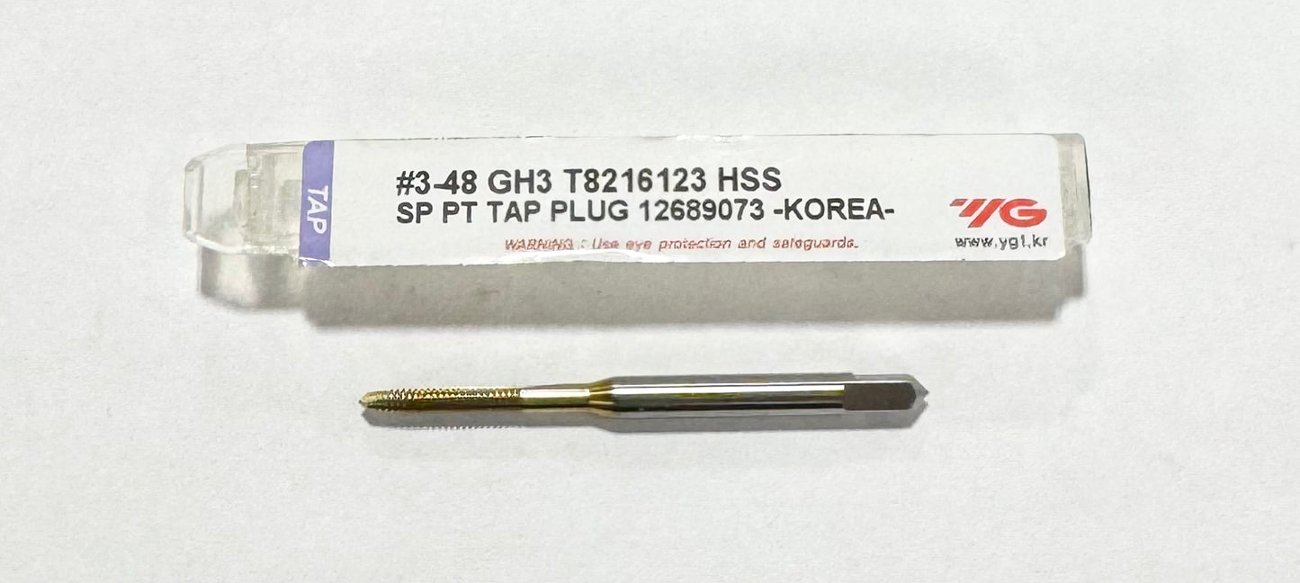 YG 3-48 HSS Spiral Point Plug Tap Tin Coated 2 Flute GH3