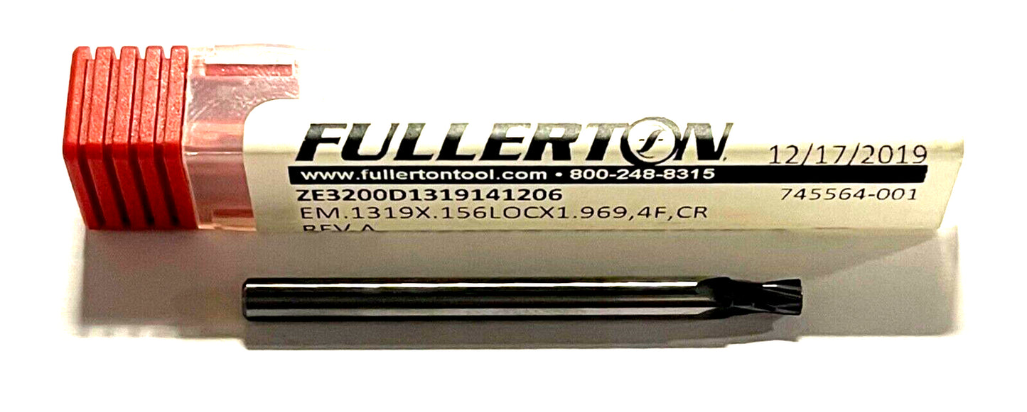 Fullerton .1319 Solid Carbide End Mill 4 Flute TiAlN Coated Corner Radius USA