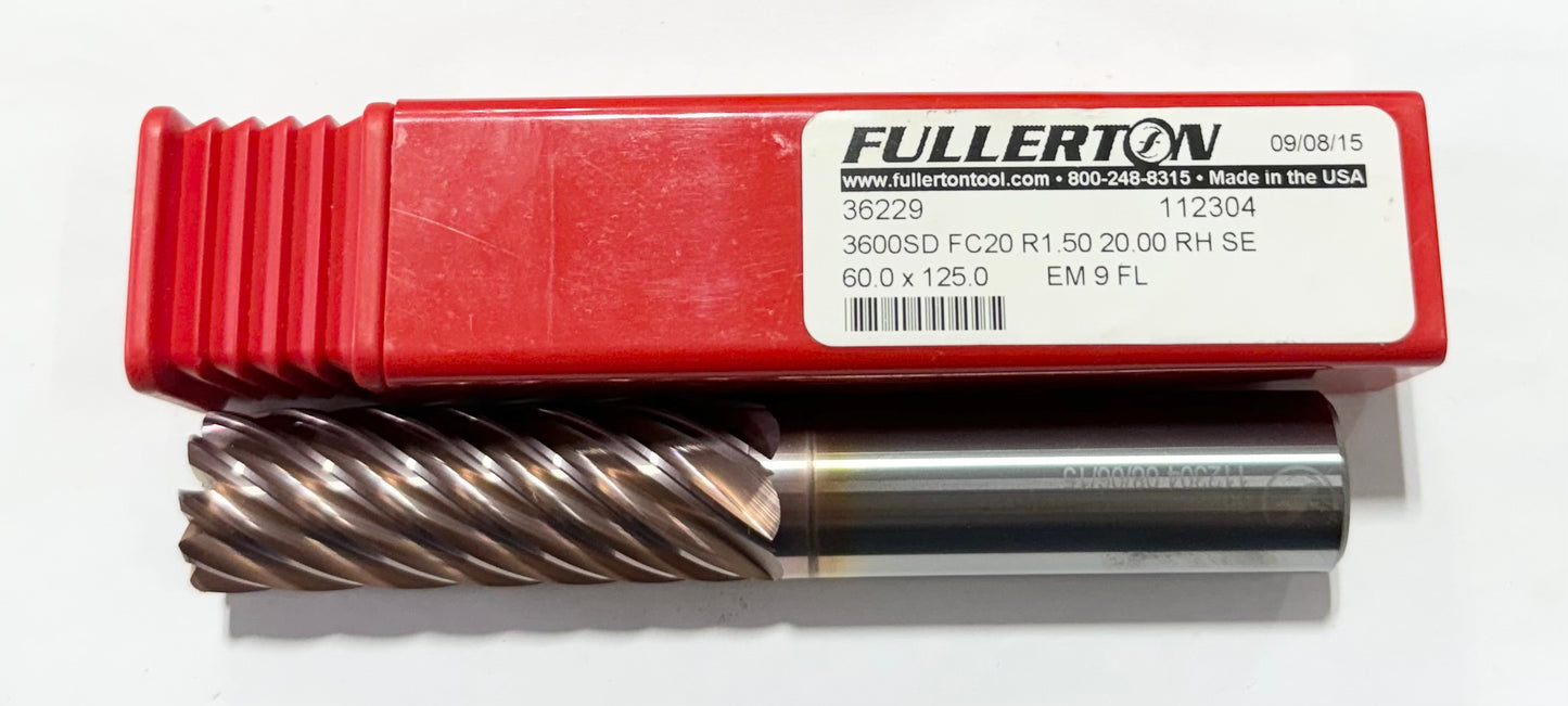 Fullerton 20mm Carbide End Mill 9FL 1.5mm Radius FC20 Coated 125mm OAL