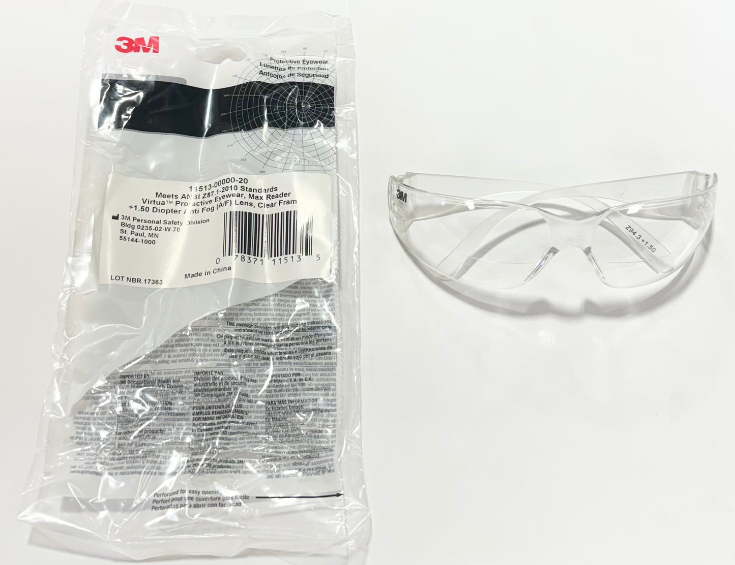 3M Virtua Reader Eyewear Clear Anti-Fog Lens Clear Temple +1.50 Diopter