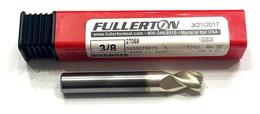 Fullerton 3/8" Carbide End Mill 3 Flute FC5 Coating USA Made 27059