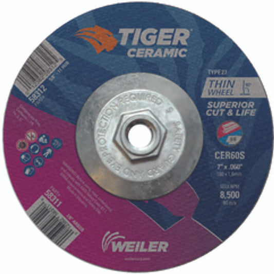 Weiler 7" x 5/8-11 Cut-Off Wheel 60 Grit Type 27 Ceramic 5 Pack