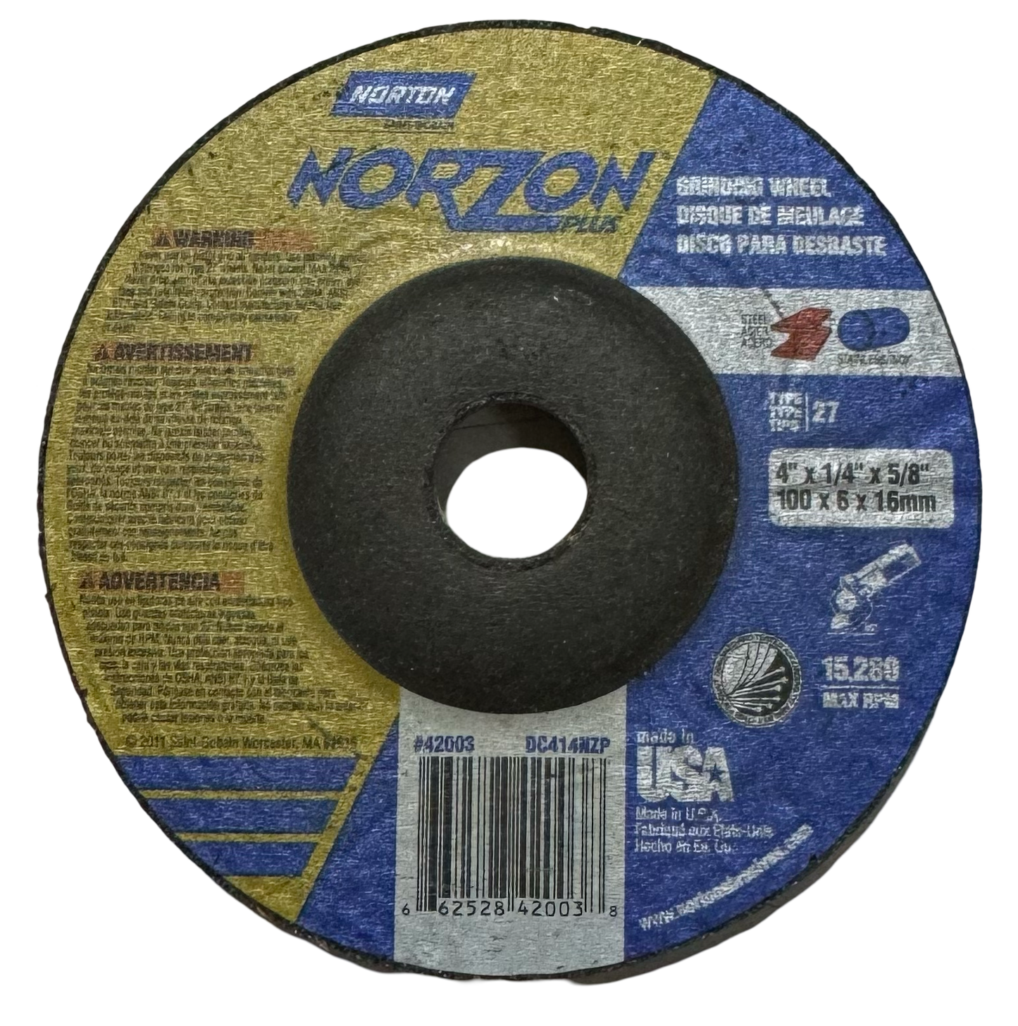 Norton NORZON 4" x 1/4" x 5/8" Grinding Wheel Ceramic Alumina/Zirconia Alumina