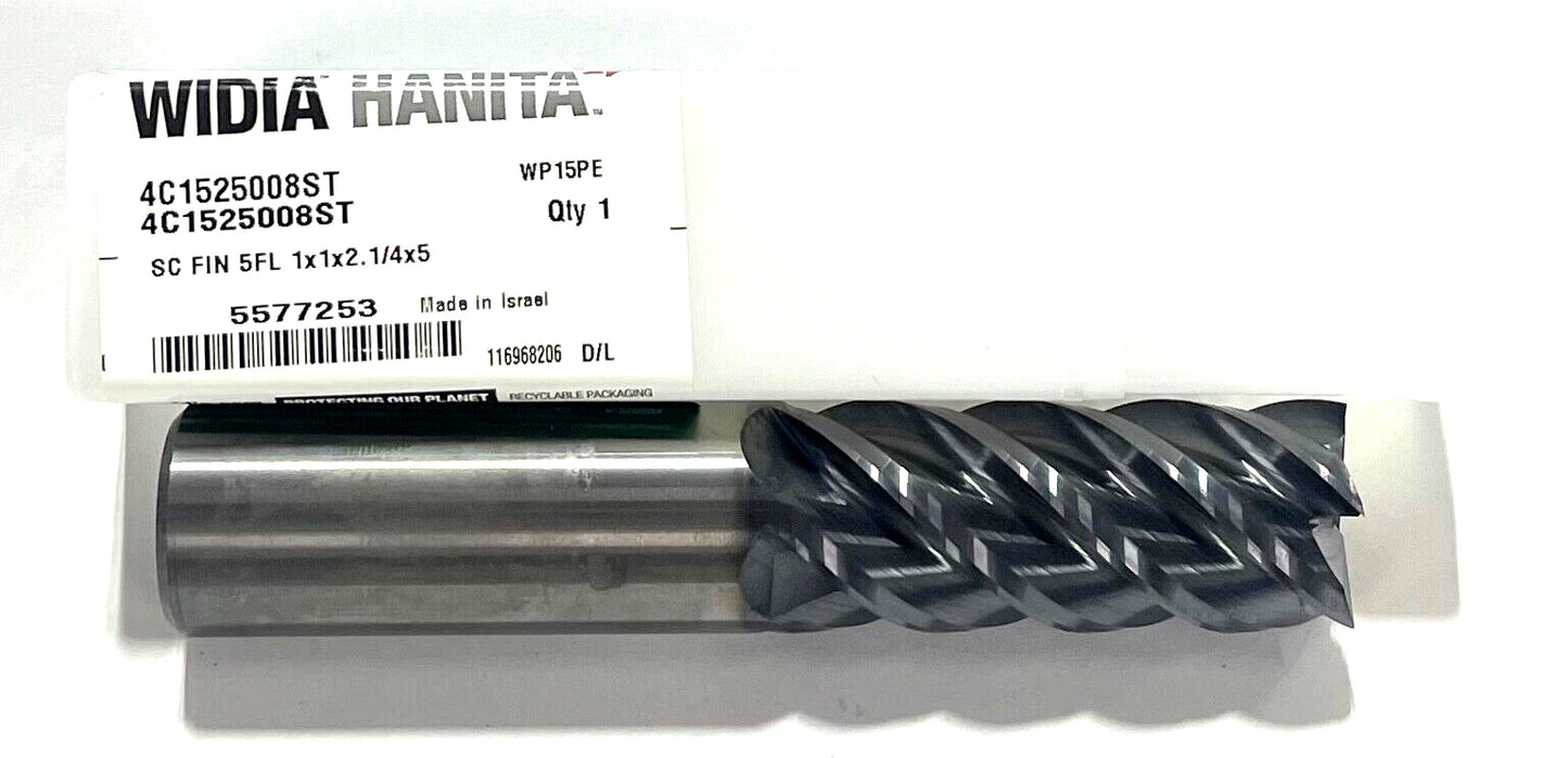 WIDIA Carbide End Mill 1" x 1" x 2-1/4" x 5" AlTiN Coating 5 Flute 5577253