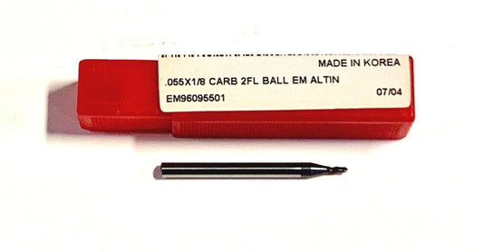 .055" x 1/8" Carbide Ball End Mill 2 Flute AlTiN Coated High Performance