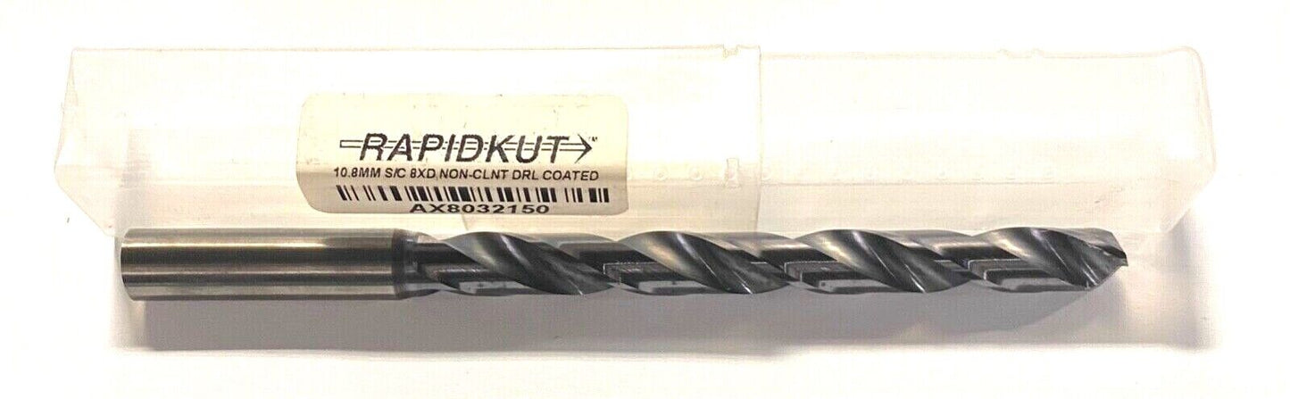 Rapidkut 10.8mm Solid Carbide Drill TiAlN High Performance 8xD 140° 2FL USA Made