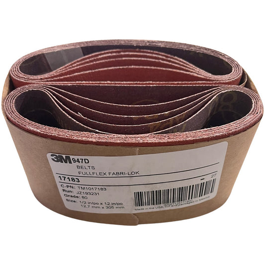 3M 947D 1/2" x 12" Abrasive Cloth Belt 80 Grit Ceramic X-Weight FABRI-LOK 10pk