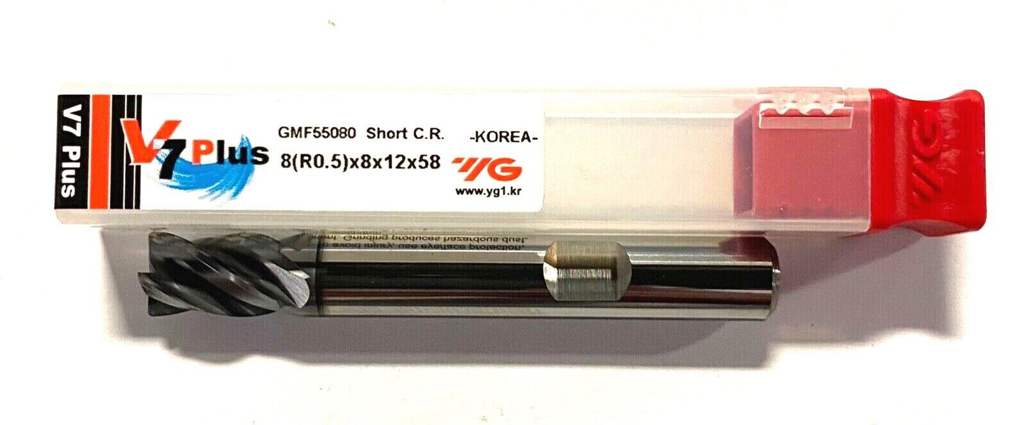 YG-1 8mm V7 Plus Carbide End Mill Y-Coating 0.5 Corner Radius 4FL 36Â° Helix