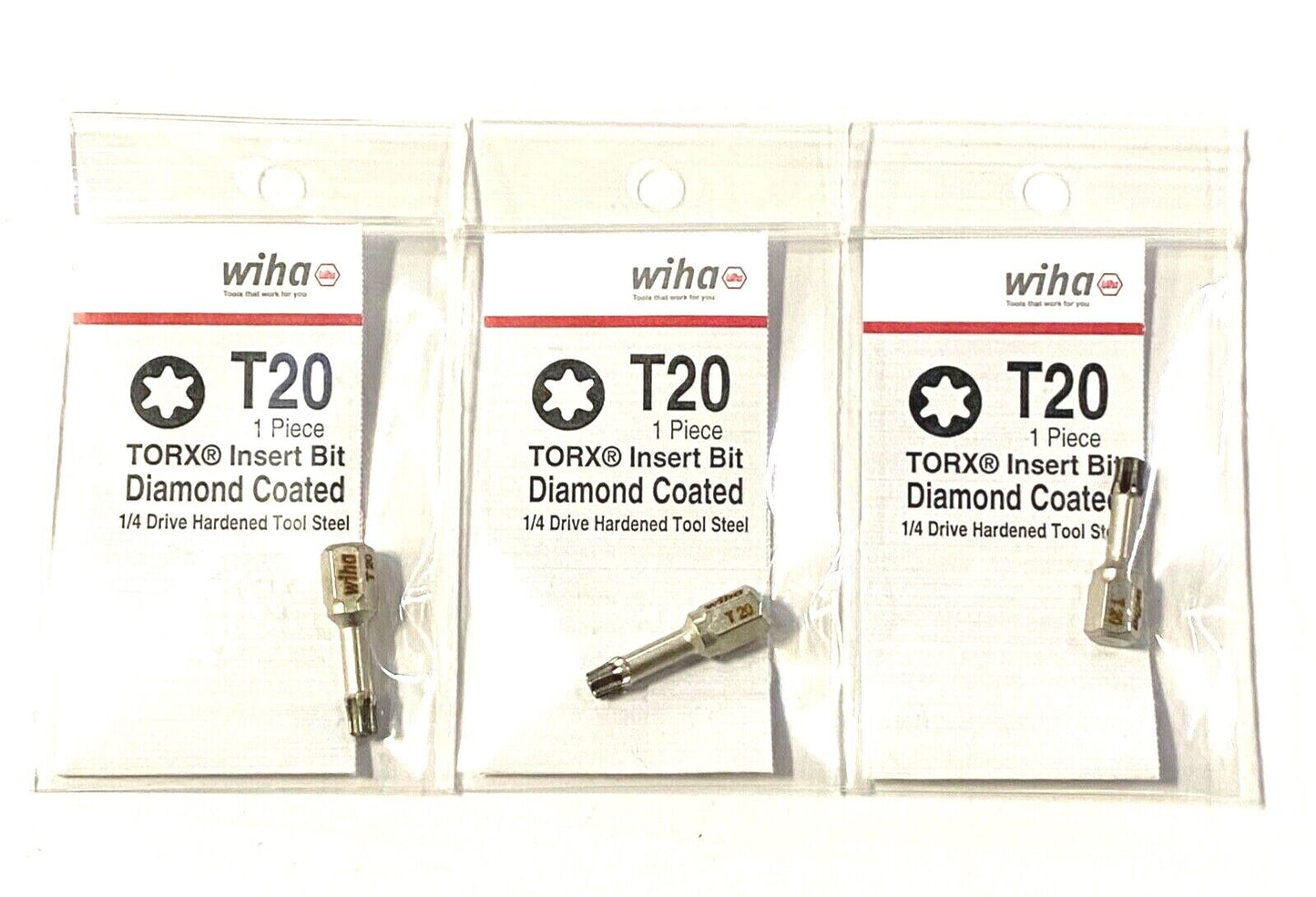 Wiha T20 x 25mm Torx Insert Bit Diamond Coated Universal 1/4" Hex Drive 3 Pack