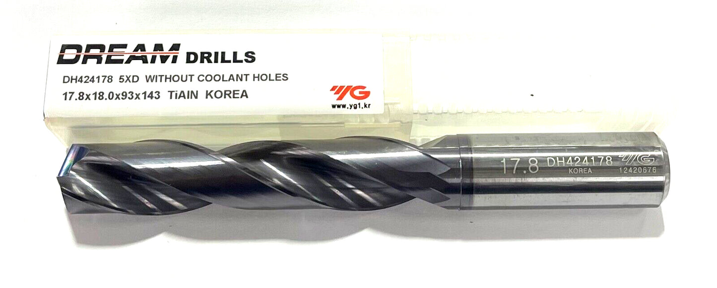 YG 17.8mm Solid Carbide Drill 5xD TiAlN Coating 140° Point 2 Flute DH424178