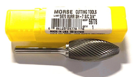 Morse SH-7 3/4" Carbide Burr Flame Shape Single Cut 1/4" Shank USA Made 59778