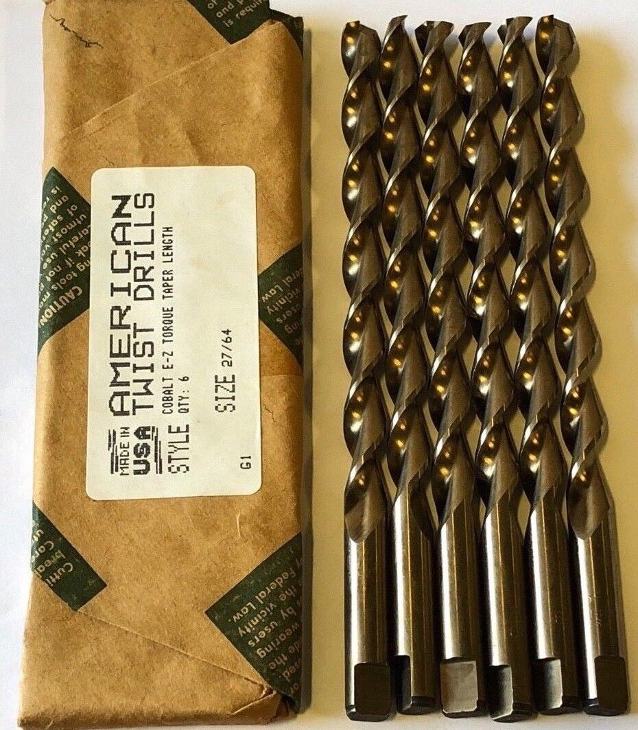 27/64" Cobalt Drill Bits M42 Taper Length Twist Drills Tanged 6 Pack USA Made