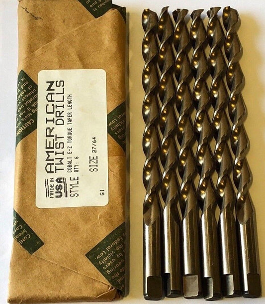 27/64" Cobalt Drill Bits M42 Taper Length Twist Drills Tanged 6 Pack USA Made