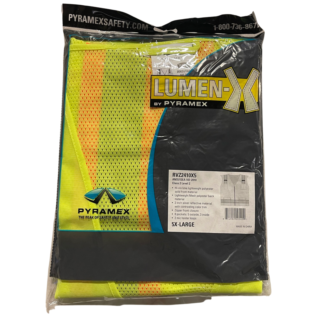 Pyramex Hi-Vis Lime Class 2 Surveyors Safety Vest Size 5XL Zipper 8 Pocket