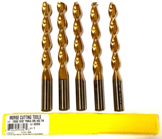 Morse 15/32 Drill Bit Titanium High Speed Steel Tin Coated Drills 5 Pack USA