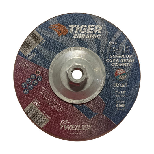 Weiler 7" x 1/8" x 5/8-11" Cut & Grind Combo Wheel Tiger Ceramic T27 30 Grit 5pk