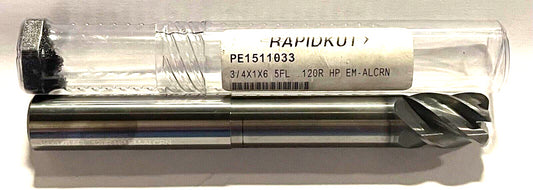 RapidKut 3/4" Carbide End Mill 5 Flute Necked AlCrN Coated .120 Radius 6" OAL